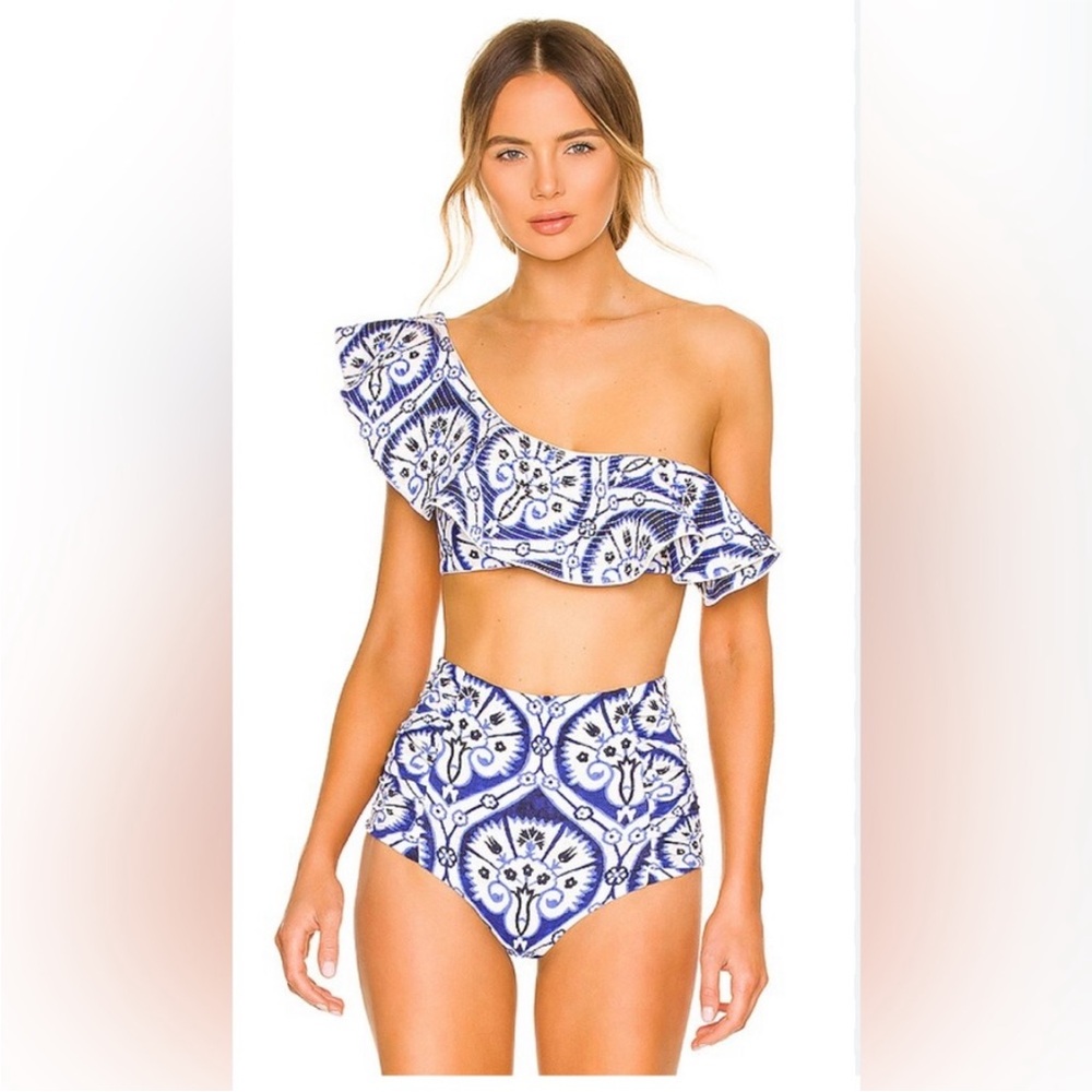 Johanna Ortiz Blue and White One-Shoulder Bikini worn only a few times .